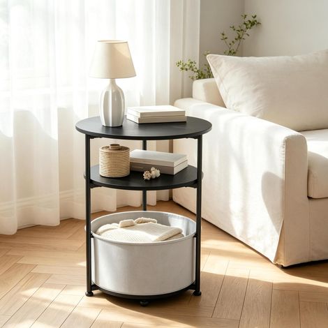 Tavolino rotondo 43x43x56 cm, con cestino portaoggetti, montaggio rapido, metallo e tessuto nero (1/5)