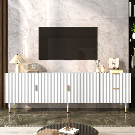 Meuble TV blanc 170 cm avec 3 portes, étagères, tiroirs, passe-câbles, charnières à fermeture douce, pieds réglables dorés pour salon moderne - CHICFURN (1/5)