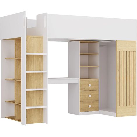 Letto a soppalco 90 x 190 cm con vani scrivania e bastone appendiabiti Bianco e Naturale - LORINTI