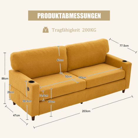 Canapé chenille moderne 2 places avec USB-C,LED,porte-gobelets et poches latérales,cadre bois/métal,pour salon,chambre ou bureau. Jaune moutarde