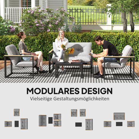 Lot jardin 4 personnes, mobilier balcon imperméable : canapé 2 places, fauteuil + coussins assise, gris clair (1/4)