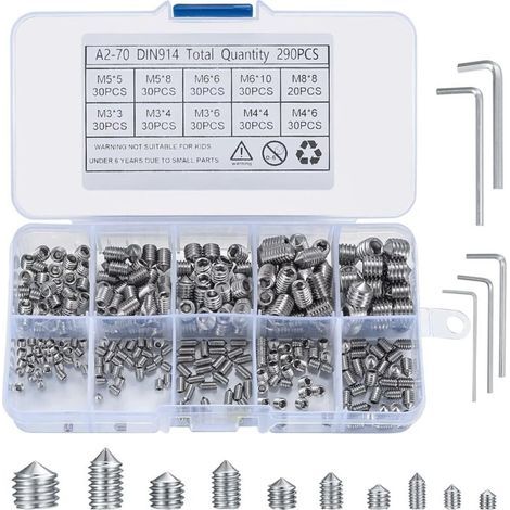 290 Pièces Vis Sans Tête Hexagonale, Vis à Tête Conique, M3/M4/M5/M6/M8 Vis Sans Tête Acier Inox, Vis Filetée Internes pour Poignées de Porte, avec 5 Pcs Clé Allen (1/5)
