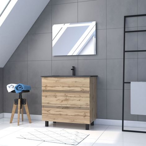 Mobile da bagno 80 cm finitura rovere naturale 3 cassetti - Lavabo nero e Specchio Led - TIMBER (1/5)