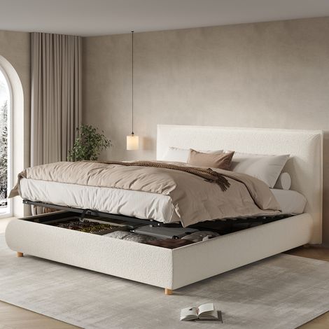 Format 180x200 Lit double capitonné avec coffre pour chambre adulte design scandinave en tissu bouclé blanc et bois massif (1/5)