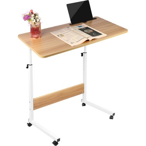 Haloyo® Bureau d'ordinateur avec roulettes,Bureau Mobile avec Étagères, table d'étude pour chambre à coucher, table de lit, 80x40x69-90cm, Couleur du bois (1/5)