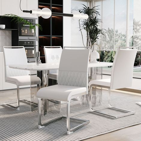 Silla de comedor de 4 piezas blanca, respaldo de PU y lino, altura 95 cm, carga 150 kg HAVRYA (1/5)