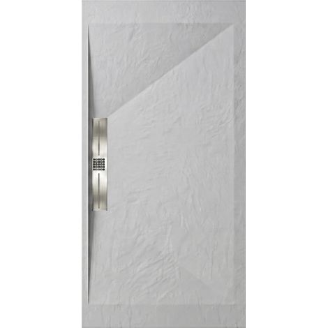 Mineralguss-Duschwanne extra flach EDIS Schieferoptik GRAU 70x140 cm Ablaufschutz in Chrom