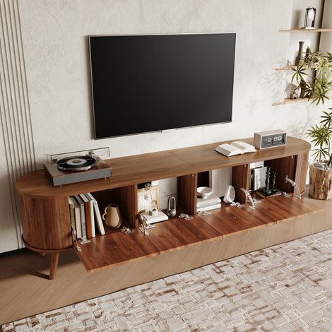 Mueble TV 180x38x47 cm cuatro puertas, tiradores dorados, patas de madera, diseño único, color nogal (1/5)