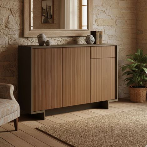 Dmora - Aparador Aneto, Aparador de salón, Buffet de salón con 3 puertas y 1 cajón, 100% Made in Italy, 134x35h87 cm, Marrón y Nogal, con embalaje reforzado
