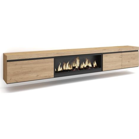 Skraut Home - Mueble TV, Televisión, Muebles de salón, almacenaje, 288x45x35 cm, Para TV gran formato, Chimenea eléctrica XXL, Colgado, Suspendido, Estilo Moderno, Roble (1/5)