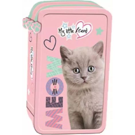 Flauschiges Katzen-Dreifach-Federmäppchen mit Zubehör