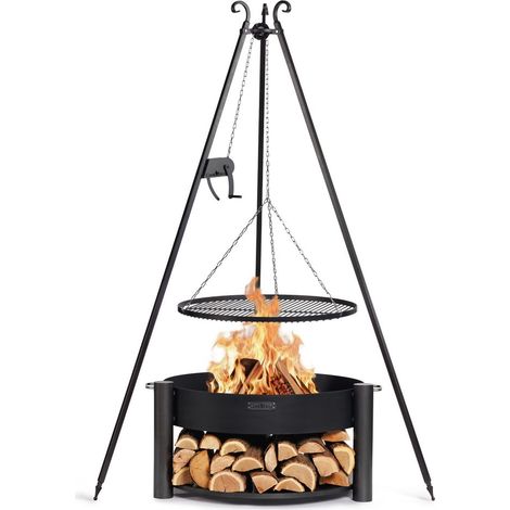 Kit Braciere da giardino "MONTANA" da 80 cm con griglia a treppiede da 180 cm con verricello e griglia in acciaio naturale da 70 cm (1/2)