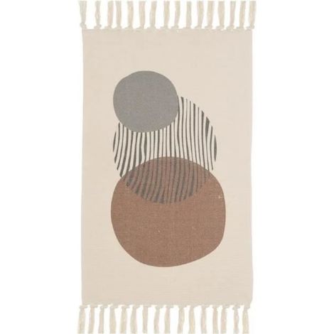 Tapis rectangulaire - JUANIO - Tissage plat imprimé, pompons et franges - 50% coton/50% polyester - Beige - 80x50 cm (1/3)