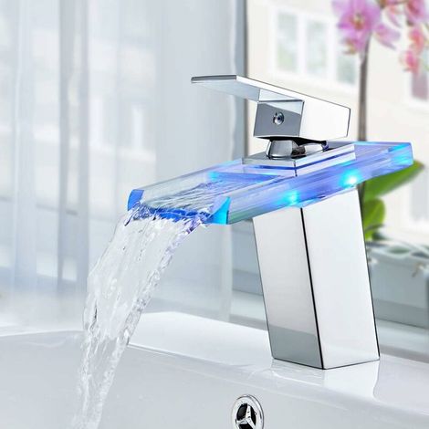 Waterfall Basin Faucet LED 3 Colors Chrome Waterfall Bathroom Faucet Brass and Glass Basin Faucet for Bathroom Sink (1/5)