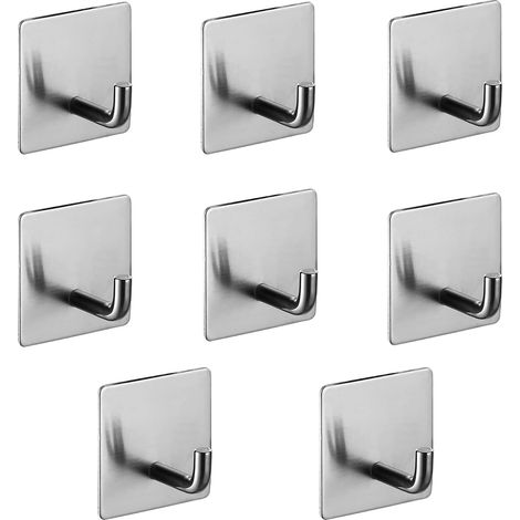 Lot de 8 crochets adhésifs en acier inoxydable, crochet imperméables, aucun perçage requis, idéal pour la cuisine, salle bain, le bureau.argent Argent -'8 Argent (1/5)