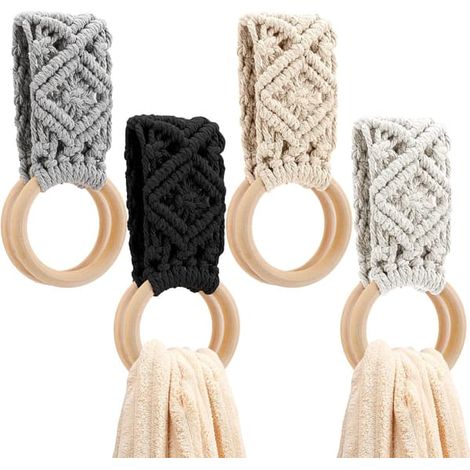 Lot de 4 porte-serviettes bohèmes au crochet - œillets faits main pour la suspension - parfaits pour les placards de cuisine, le four et la plaque de cuisson - 4 couleurs (1/5)