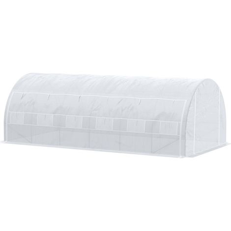 Serre de jardin 18 m² dim. 6L x 3l x 2H m avec porte + parois latérales zippées enroulables, 12 fenêtres, acier PE haute densité 140 g/m² Anti-UV blanc