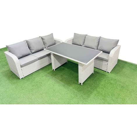 Fimous 6 Seater Rattan Outdoor Dining Table 3 Seater Sofa Set Light Grey (1/4)