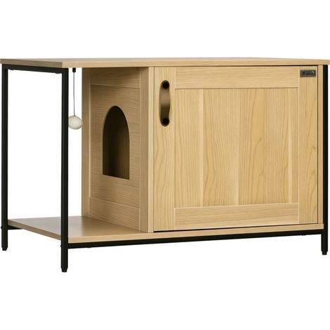 Maison de toilette pour chat design industriel avec porte latérale et boule en acier bois clair pour un style moderne et élégant (1/5)
