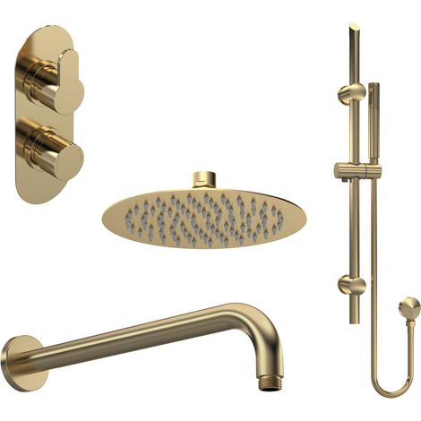 Balterley Pride Modern Round 2 Outlet Shower Valve, Head, Wall Arm and Slide Rail Handset Bundle - Brushed Brass