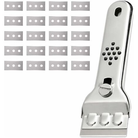 Grattoir Plaque Vitrocéramique en Acier Inoxydable Grattoir Vitre Plaque Induction Racloir Vitrocéramique Peinture Scraper Raclette Plaque Vitrocéramique avec 20 Lames, pour Vitres/Miroir