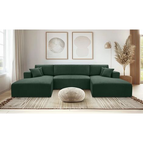 AX LIVING Grün Sofa U Form mit Schlaffunktion – Catea U Cord Wohnlandschaft 364cm