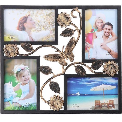 Cadre photo mural décoratif à 4 ouvertures avec fleurs et collage vintage (noir) (1/5)