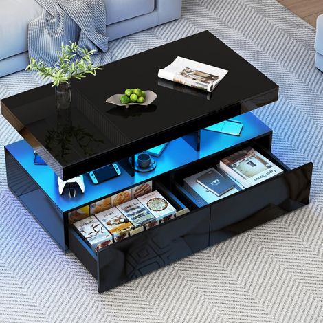 Fortuna Lai – Table basse fixe 104x53x46 cm – 2 tiroirs avec rails coulissants – Éclairage LED télécommandé – Fini brillant noir moderne