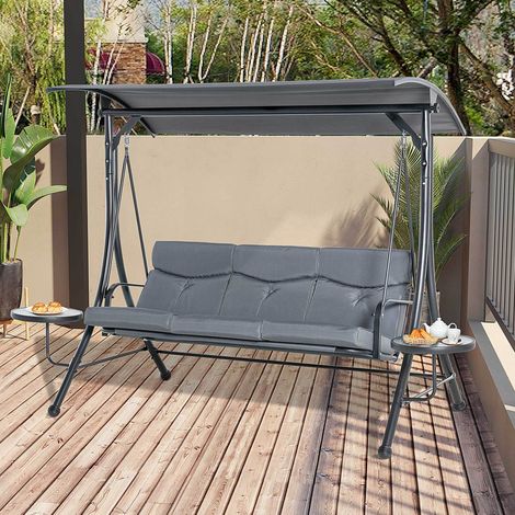 Balancelle de jardin 3 places en acier gris avec toit réglable, 2 tablettes en verre et coussin, 271 x 125 x 177 cm (1/5)