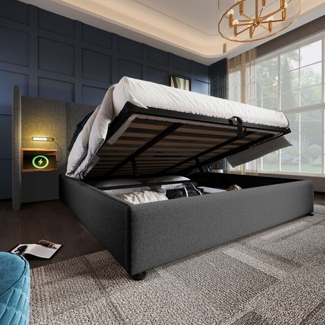 Cama almacenaje 180x200 cm con mesita de noche luz de lectura y carga USB Tipo-C tapizada en tela de lino color gris (Sin Colchón)