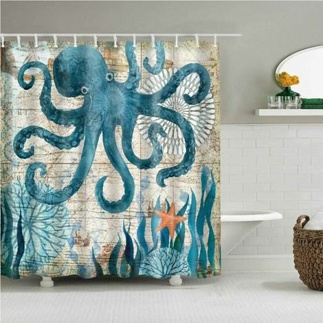 QORVA-Home Rideau de Douch,Lavables, Imperméable et Anti-moisissure Imprimé avec Motif élégant Rideaux de Salle de Bains avec 12 Anneaux Crochets 180 x 180cm (Colorful-Octopus)- (1/5)