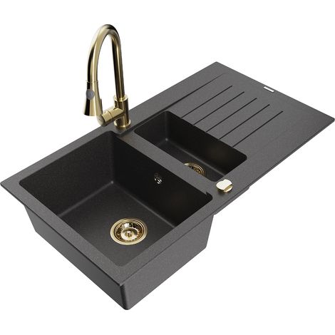Mexen Matias 1,5-Becken-Granitspüle mit Abtropffläche und Mischbatterie Elia, Schwarz gesprenkelt - 6502-76-670101-50 (1/5)
