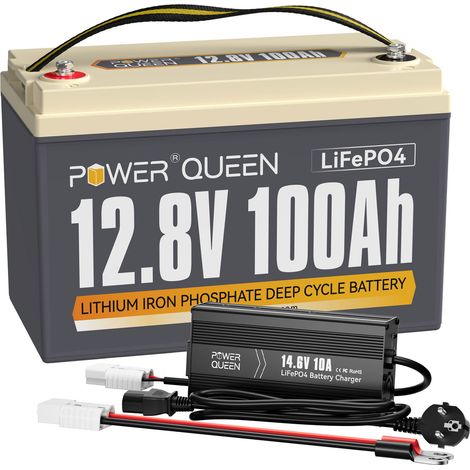 Power Queen – Batterie lithium 12V 100Ah 1280Wh LiFePO4 – Charge rapide 5h – Protection IP65 – Pour systèmes solaires et camping-cars