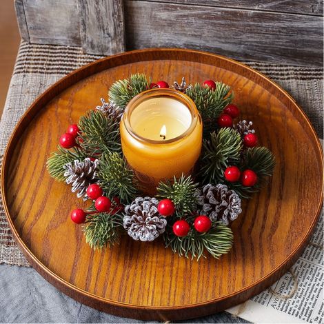 Petite couronne de Noël artificielle, aiguilles de pin, pommes de pin et baies rouges, diamètre 20 cm, pour bougies et décoration (1/5)