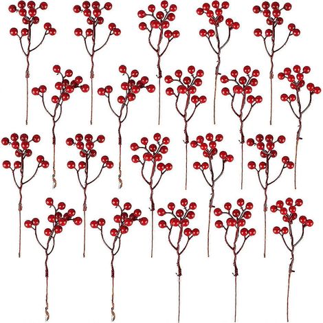 Paquete de 20 tallos artificiales de bayas rojas, 18 cm (7,1 pulgadas), ramas de acebo con bayas rojas burdeos para árbol de Navidad (1/5)
