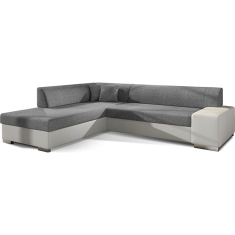 Canapé convertible moderne angle gauche gris clair chiné et simili cuir blanc Plazo 278cm (1/5)