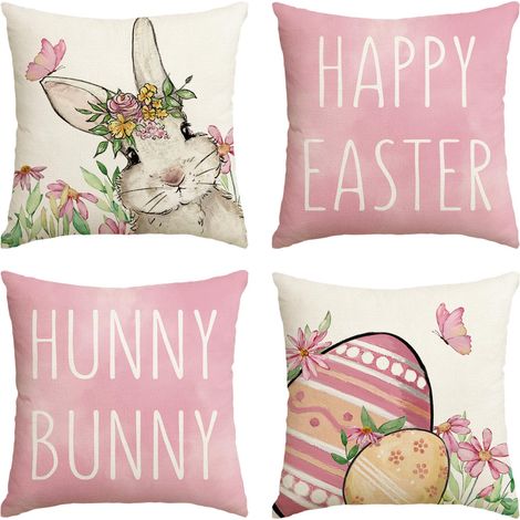 Housses de coussin roses « Happy Honey Bunny » pour Pâques — 18 x 18 pouces, motif œufs de Pâques (Lot de 4) (1/4)