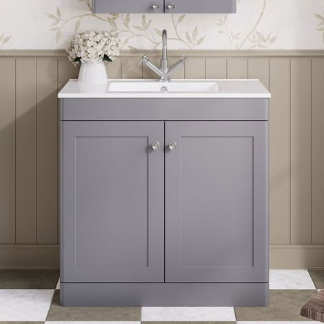 Nuie Classique Floor Standing 2-Door Vanity Unit with 1TH Minimalist Basin 800mm Wide - Satin Grey