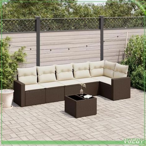 Salon de jardin - Ensemble 7 pièces - Résine tressée marron - Coussins blanc crème déhoussables - Rangement sous assise (1/3)