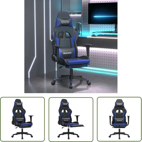 Fauteuil gamer Chaise de bureau - Fauteuil de jeu avec repose-pied Noir et bleu Similicuir BonneVie-87713 (1/5)