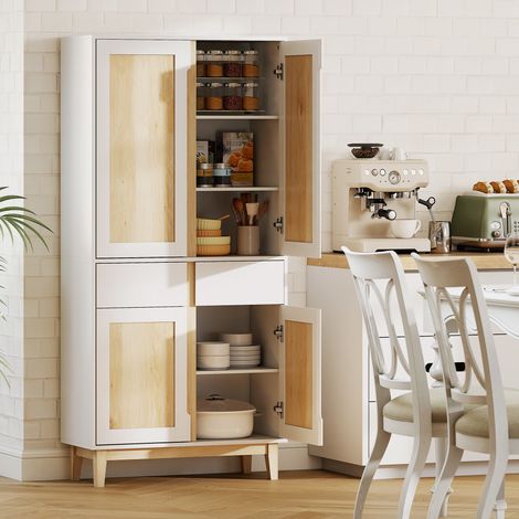 Credenza alta da cucina, mobile da cucina con 4 ante, 2 cassetti e ripiani regolabili, 80x35x170 cm, bianco e rovere