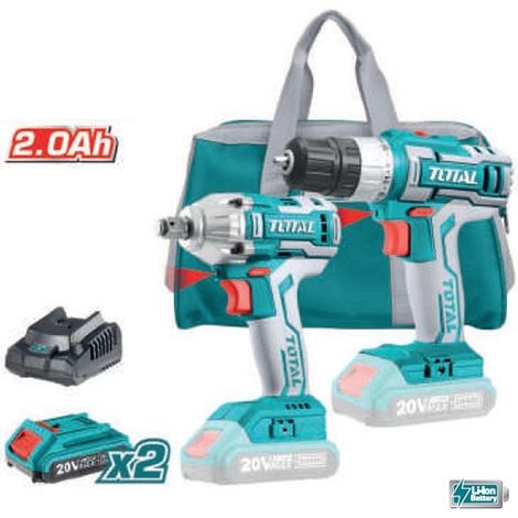 AVVITATORE+AVVITATORE A MASSA BATTENTE 1/2"+2 BATTERIE LITIO 20V+ACCESSORI TOTAL