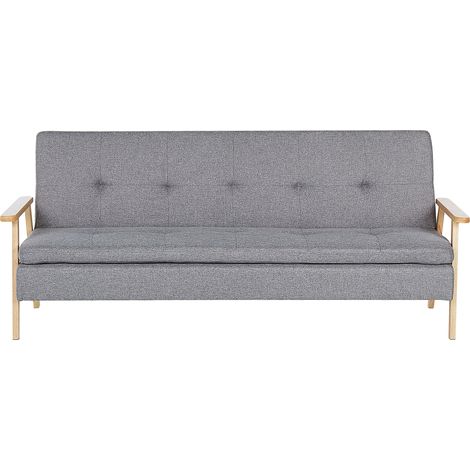Sofá cama 3 plazas de tela poliéster gris claro estructura madera maciza reposabrazos click clack moderno Tjorn