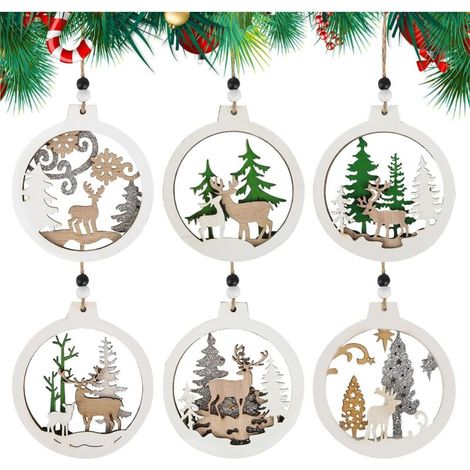 XEPHO Décorations de Noël en Bois,12Pcs Ornements Suspendus de Renne en Bois Deco Noel Sapin Pendentifs de Sculpture sur Bois Creux Bois pour la décoration intérieure Cadeaux artisanaux
