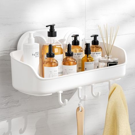 Estante de ducha con ventosas, sin necesidad de taladrar, con ganchos, de plástico para champú/gel de ducha, blanco. (1/5)