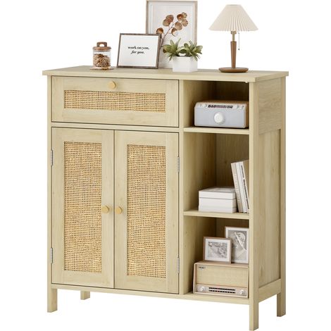 Buffet 75x30x79, 5cm 2 portes niches ouvertes meuble de rangement tiroir étagères réglables, rotin bois naturel (1/5)