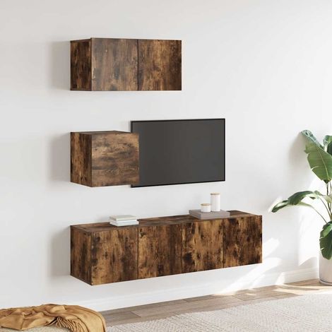 Set de muebles de TV 4 pzas madera contrachapada roble ahumado