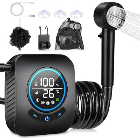 Douche Portable Pour Camping - Pompe Électrique 8000 mAh - 5 Vitesses Réglables - 4 Modes De Pulvérisation - Étanchéité IPX8 - Kit Complet Avec Tuyau 2 M Et Sac De Rangement (1/3)