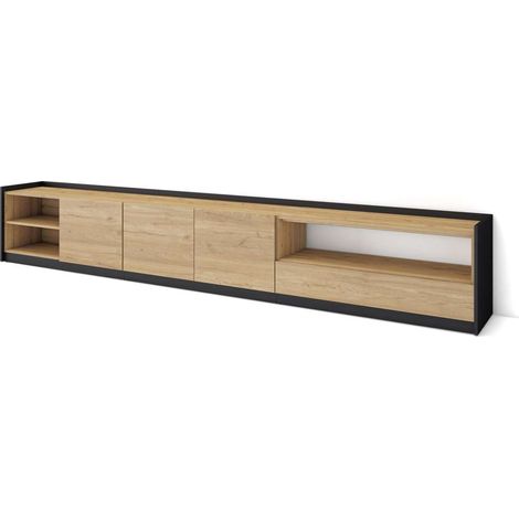 Mueble TV Igualeja-02 de 310x50x37 cm con almacenamiento, para TV hasta 80 pulgadas, color roble y negro (1/4)