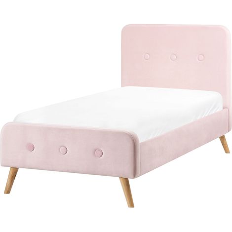 Slatted Bed Frame Pastel Pink Velvet Fabric Upholstered Wooden Legs 3ft EU Single Size Modern Design RENNES